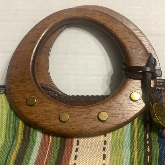 Fossil Cloth Boho Striped Bag w/ wooden handles ..GREAT FALL BAG - Picture 2 of 11